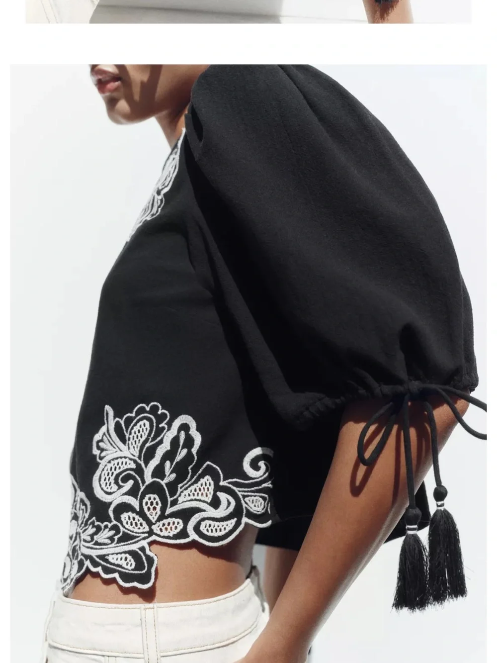 Zara Black Blouse with White Floral Embroidery